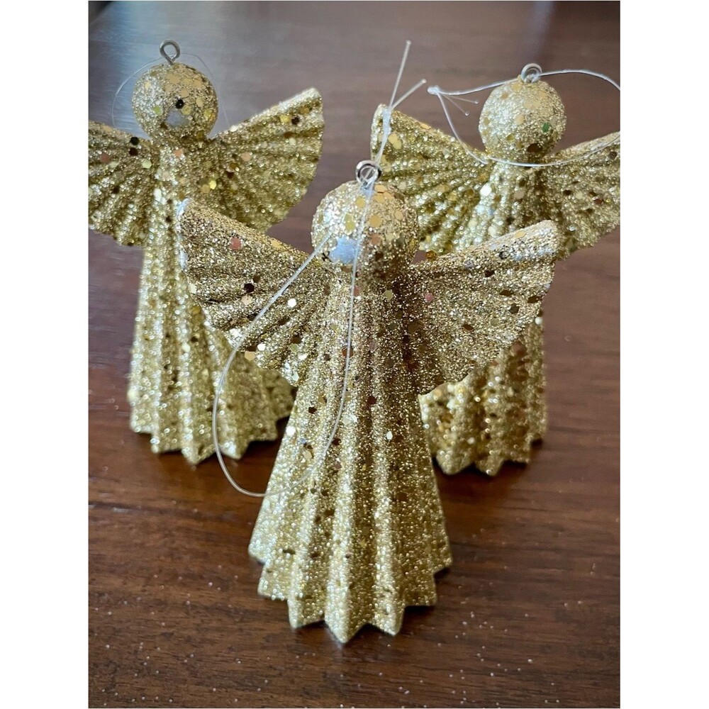 Gold Glitter Angel Holiday Ornaments - Set of 3